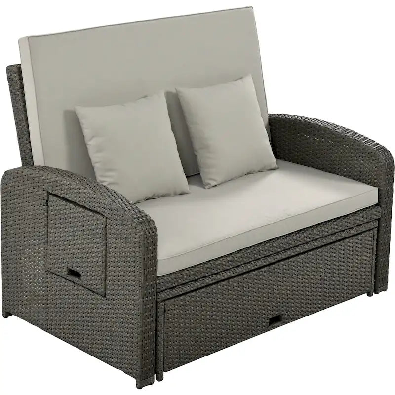 Double chaise longue en osier d'extérieur avec coussin gris