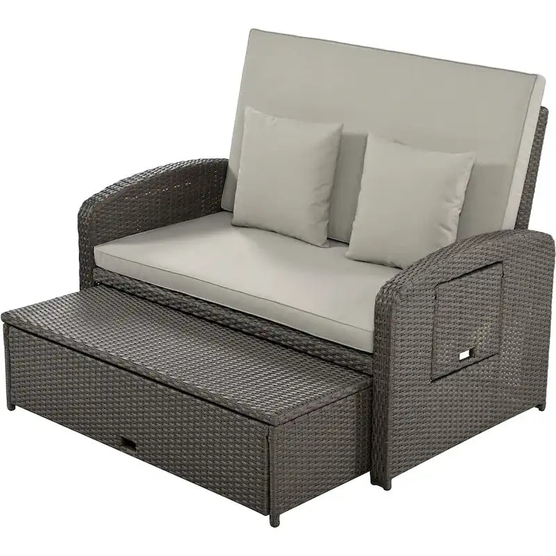 Double chaise longue en osier d'extérieur avec coussin gris