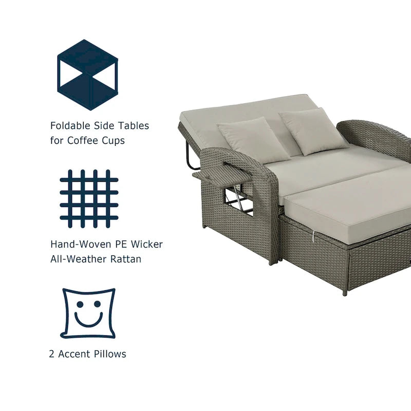 Double chaise longue en osier d'extérieur avec coussin gris