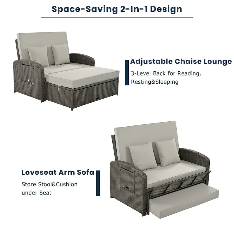 Double chaise longue en osier d'extérieur avec coussin gris