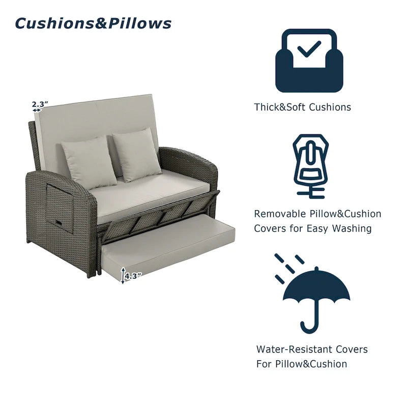 Double chaise longue en osier d'extérieur avec coussin gris