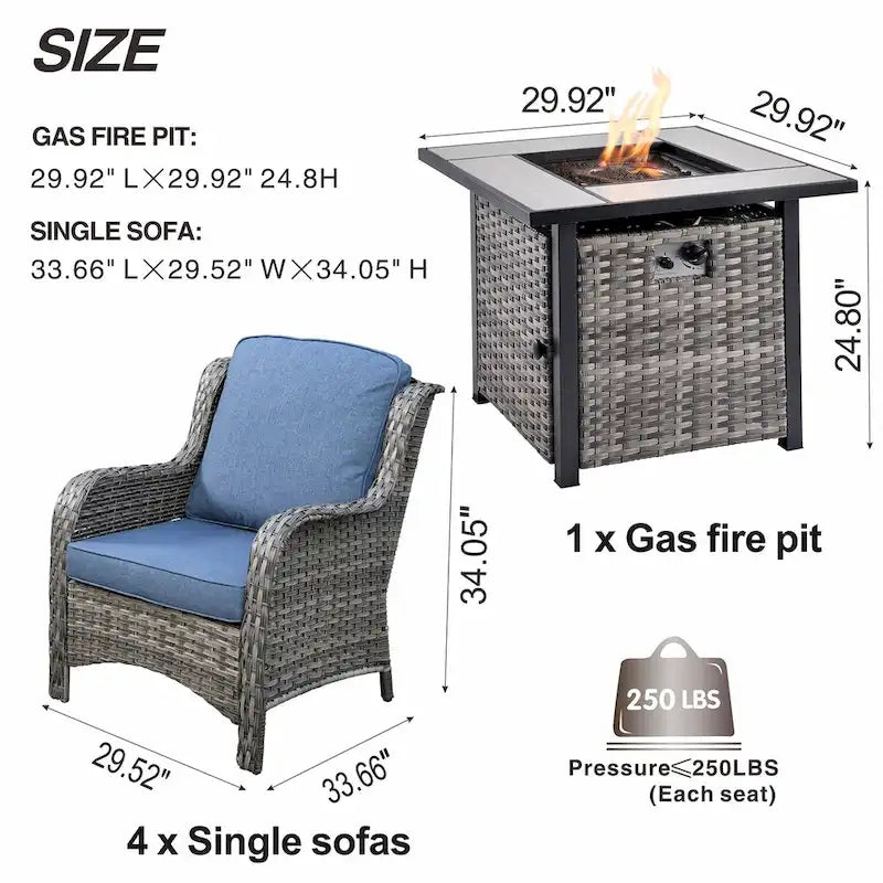 Ensemble de 5 chaises de patio en osier OVIOS avec table brasero de 30 po