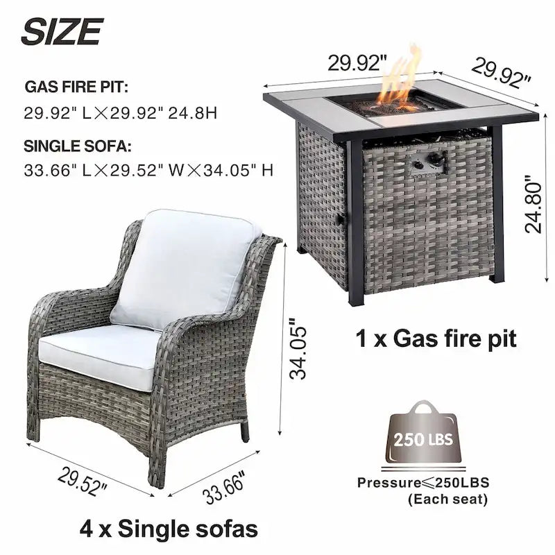 Ensemble de 5 chaises de patio en osier OVIOS avec table brasero de 30 po