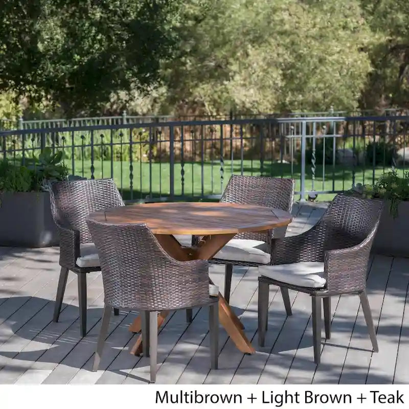 Ensemble de salle à manger rond 5 pièces en osier et bois avec coussins Ryan Outdoor de Christopher Knight Home