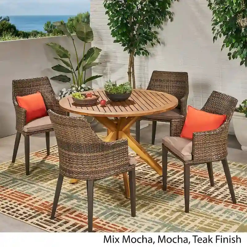 Ensemble de salle à manger rond 5 pièces en osier et bois avec coussins Ryan Outdoor de Christopher Knight Home