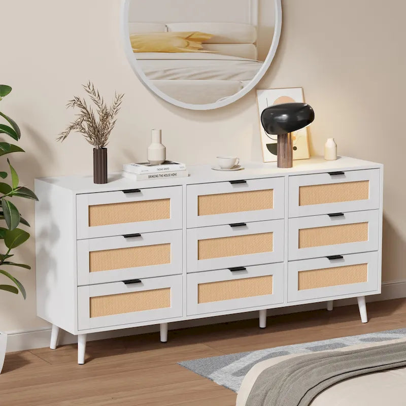 Commode de Rangement à 9 Tiroirs, Meuble de Rangement, Organisateur de Chambre à Coucher Style Rotin
