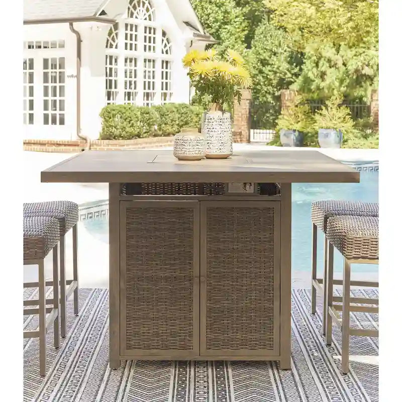 Signature Design by Ashley Walton Bridge Driftwood Outdoor Bar Table with Fire Pit - 55.75 W x 55.75 D x 39.13 H