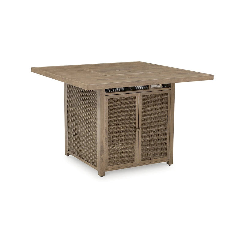 Signature Design by Ashley Table de bar d'extérieur avec foyer Walton Bridge Driftwood – 55,75 L x 55,75 P x 39,13 H po