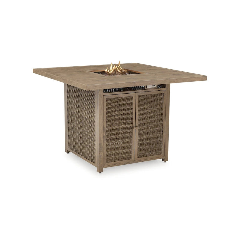 Signature Design by Ashley Table de bar d'extérieur avec foyer Walton Bridge Driftwood – 55,75 L x 55,75 P x 39,13 H po