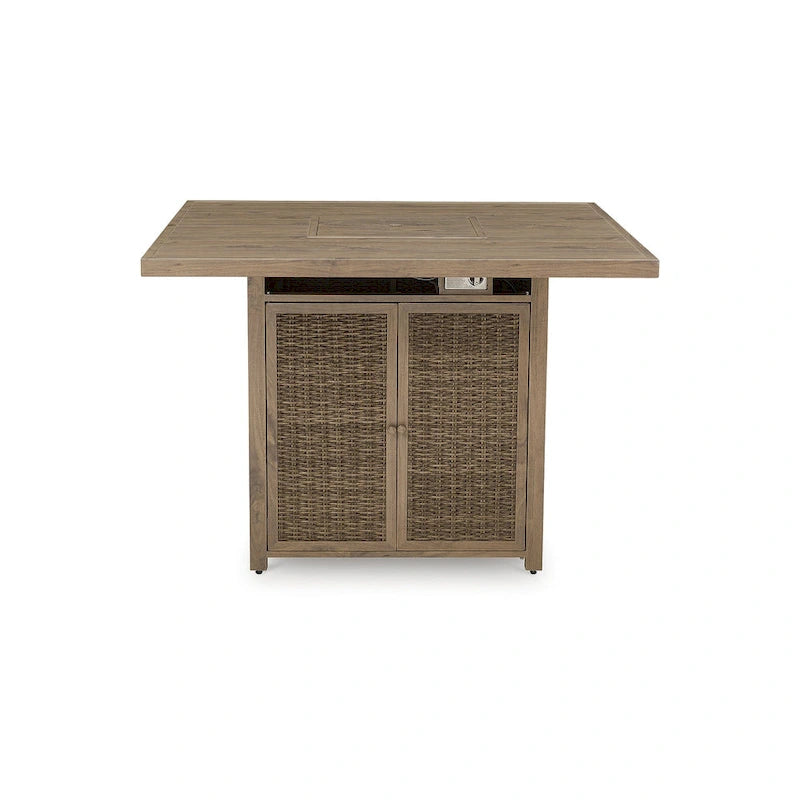 Signature Design by Ashley Table de bar d'extérieur avec foyer Walton Bridge Driftwood – 55,75 L x 55,75 P x 39,13 H po