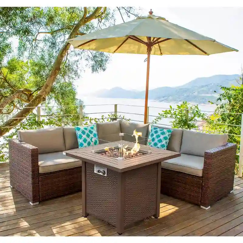 COSIEST 4-Piece Outdoor Patio Funiture Wicker Setional Set with Metal Fire Table