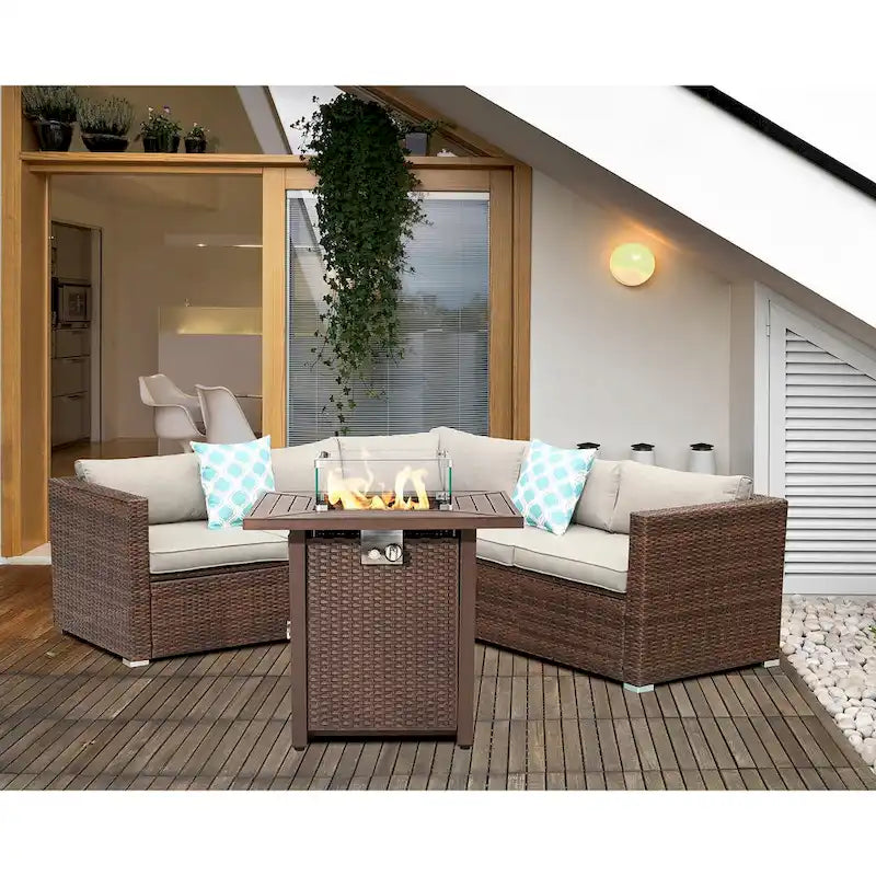 Ensemble de mobilier de patio sectionnel en osier 4 pièces COSIEST avec table de foyer en métal