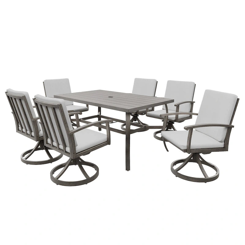EGEIROS LIFE Ensemble de salle à manger d'extérieur 7 pièces en aluminium AluLux avec 6 chaises pivotantes et coussins lavables