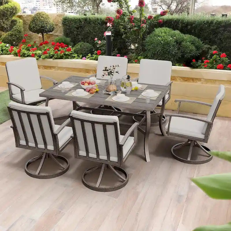 EGEIROS LIFE Ensemble de salle à manger d'extérieur 7 pièces en aluminium AluLux avec 6 chaises pivotantes et coussins lavables
