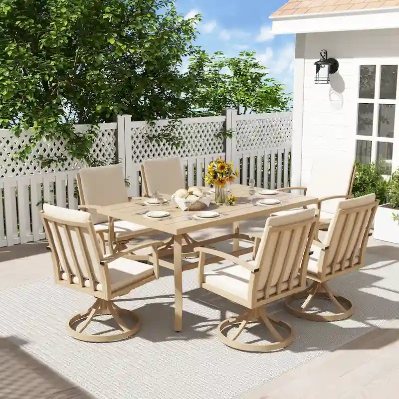 EGEIROS LIFE Ensemble de salle à manger d'extérieur 7 pièces en aluminium AluLux avec 6 chaises pivotantes et coussins lavables