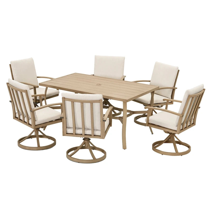 EGEIROS LIFE Ensemble de salle à manger d'extérieur 7 pièces en aluminium AluLux avec 6 chaises pivotantes et coussins lavables