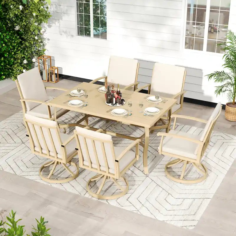 EGEIROS LIFE Ensemble de salle à manger d'extérieur 7 pièces en aluminium AluLux avec 6 chaises pivotantes et coussins lavables