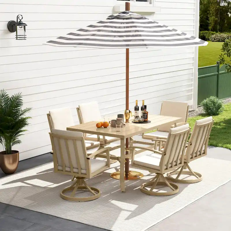 EGEIROS LIFE Ensemble de salle à manger d'extérieur 7 pièces en aluminium AluLux avec 6 chaises pivotantes et coussins lavables