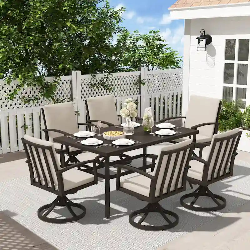 EGEIROS LIFE Ensemble de salle à manger d'extérieur 7 pièces en aluminium AluLux avec 6 chaises pivotantes et coussins lavables