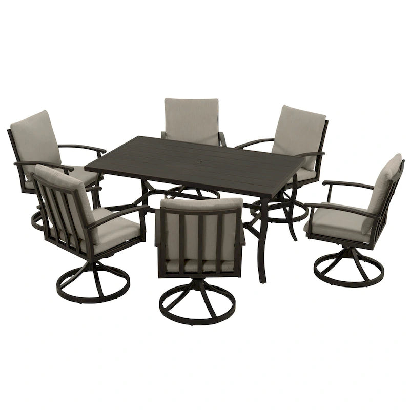 EGEIROS LIFE Ensemble de salle à manger d'extérieur 7 pièces en aluminium AluLux avec 6 chaises pivotantes et coussins lavables