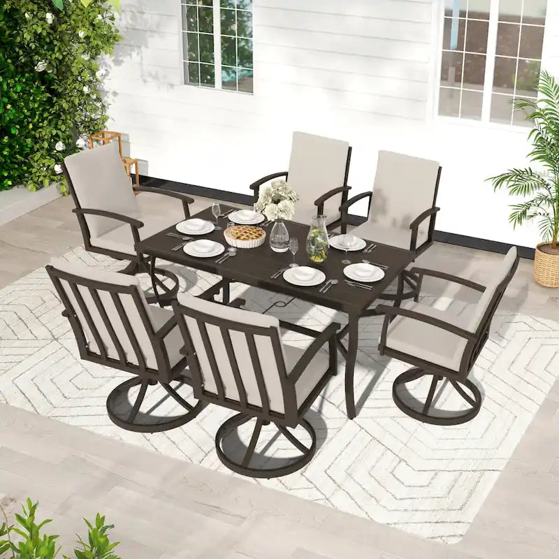 EGEIROS LIFE Ensemble de salle à manger d'extérieur 7 pièces en aluminium AluLux avec 6 chaises pivotantes et coussins lavables