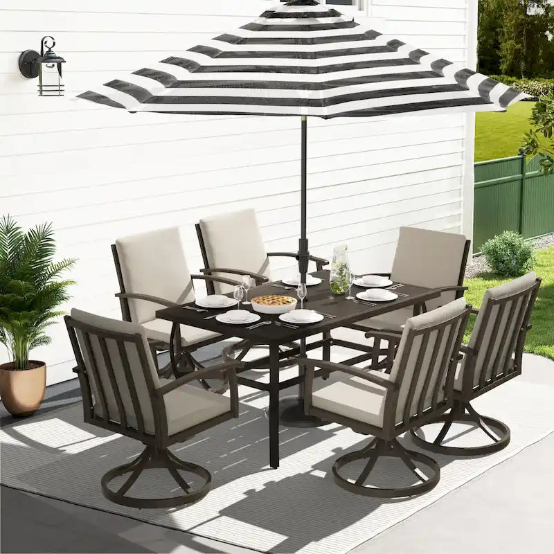 EGEIROS LIFE Ensemble de salle à manger d'extérieur 7 pièces en aluminium AluLux avec 6 chaises pivotantes et coussins lavables