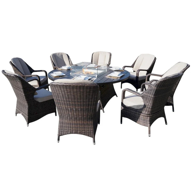 Ensemble de salle à manger extérieur 9 pièces avec table ronde et chaises en osier et foyer au gaz