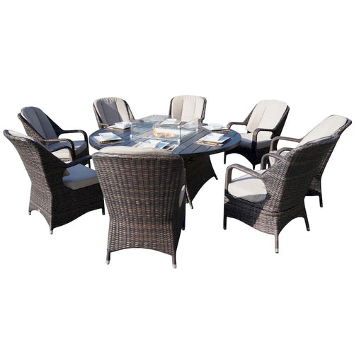 Ensemble de salle à manger extérieur 9 pièces avec table ronde et chaises en osier et foyer au gaz