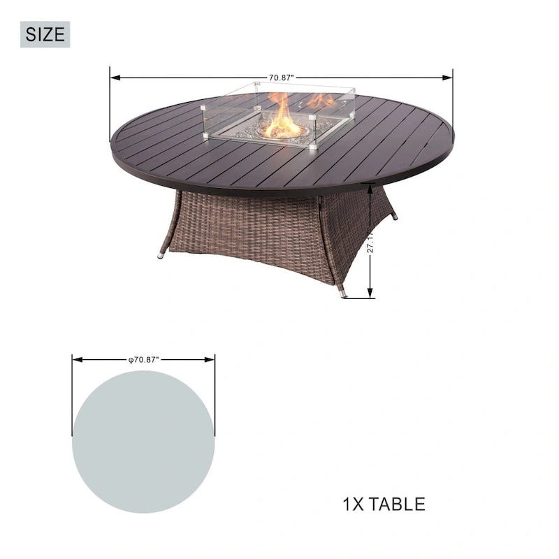 Ensemble de salle à manger extérieur 9 pièces avec table ronde et chaises en osier et foyer au gaz