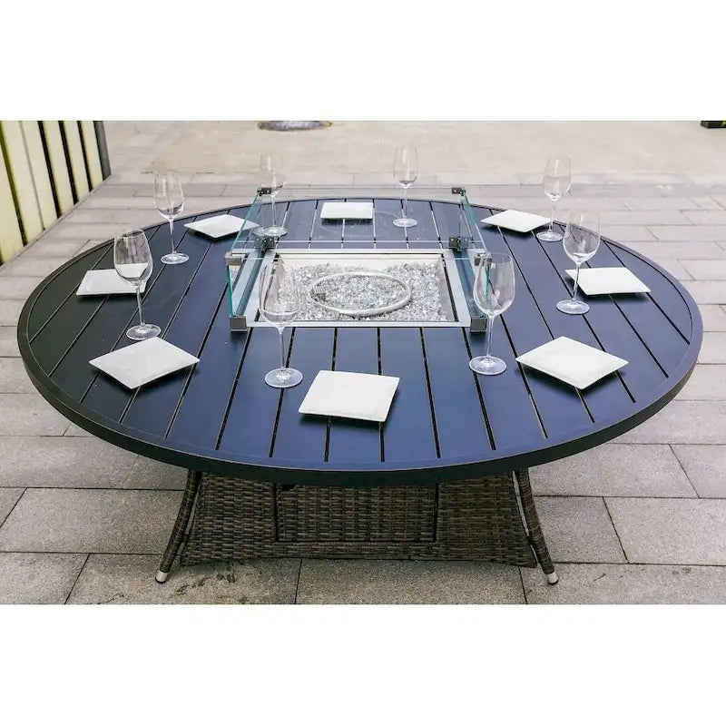 Ensemble de salle à manger extérieur 9 pièces avec table ronde et chaises en osier et foyer au gaz