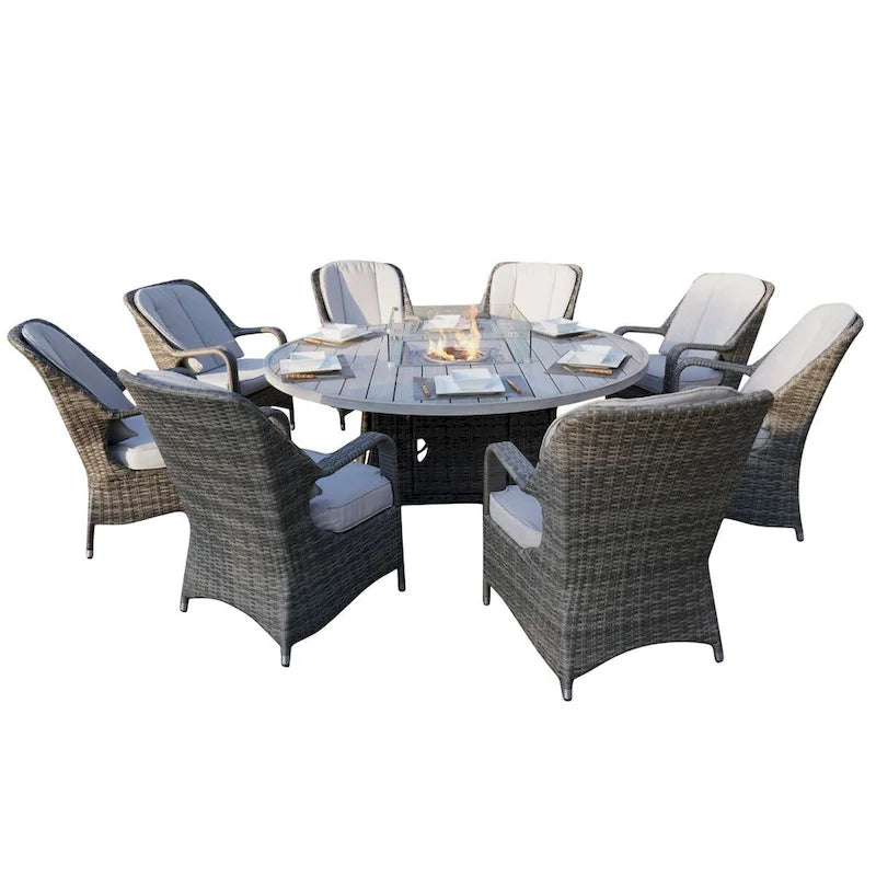 Ensemble de salle à manger extérieur 9 pièces avec table ronde et chaises en osier et foyer au gaz