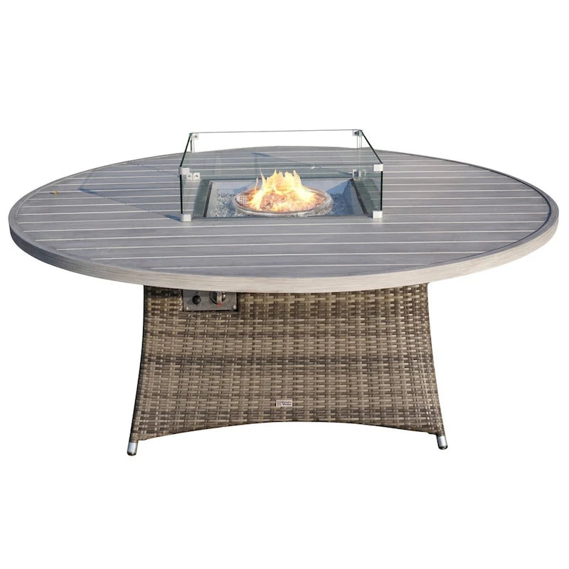Ensemble de salle à manger extérieur 9 pièces avec table ronde et chaises en osier et foyer au gaz