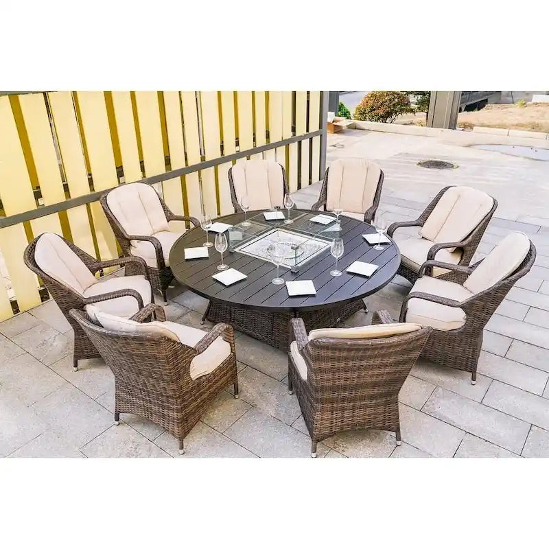 Ensemble de salle à manger extérieur 9 pièces avec table ronde et chaises en osier et foyer au gaz