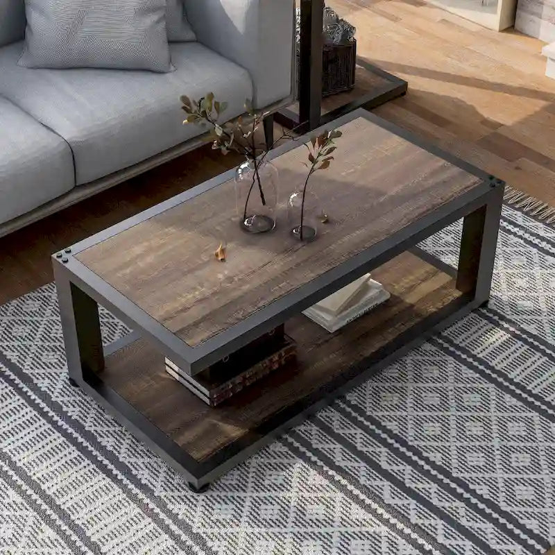 Table basse à 1 étagère noyer foncé et noir sable 47 po