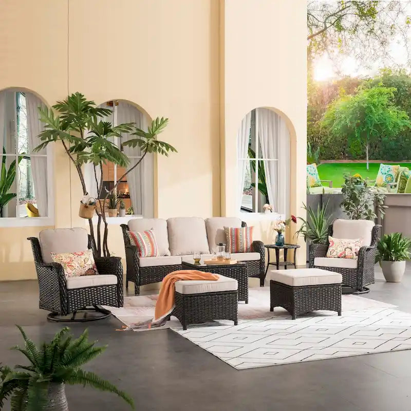 Ensemble de 7 chaises pivotantes en osier pour terrasse OVIOS