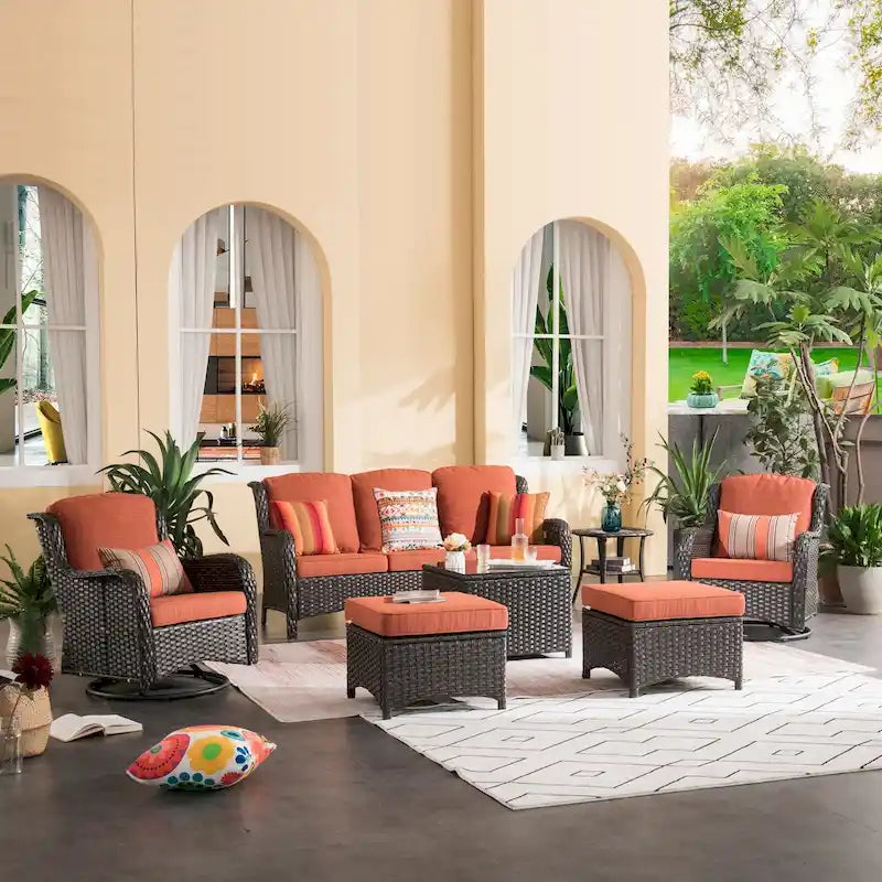 Ensemble de 7 chaises pivotantes en osier pour terrasse OVIOS