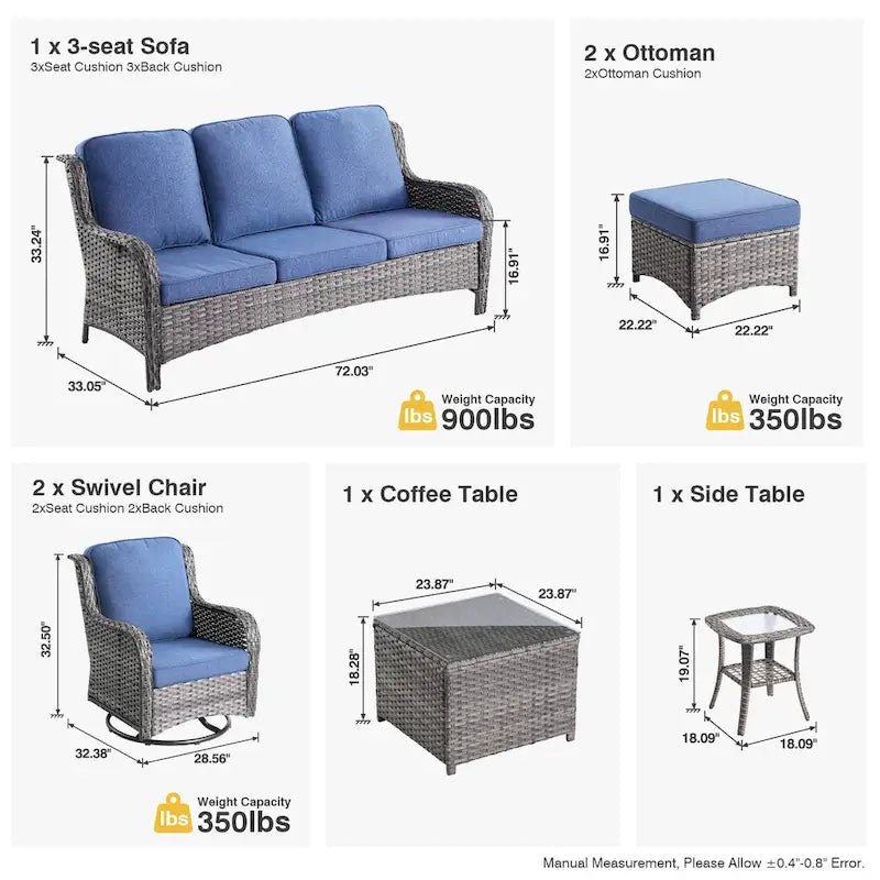 OVIOS Ensemble de 7 chaises pivotantes en osier pour patio