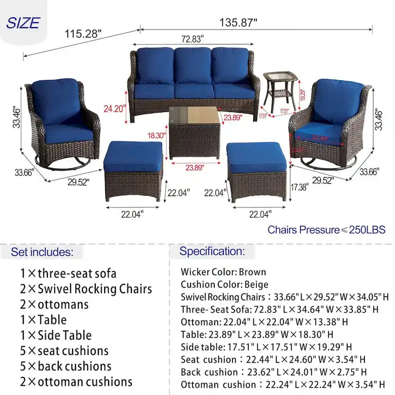 OVIOS Ensemble de 7 chaises pivotantes en osier pour patio