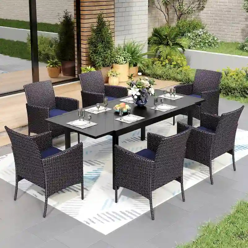 MAISON ARTS Ensemble de salle à manger de patio 7/9 pièces, Table à manger extérieure rectangulaire extensible avec chaises en rotin