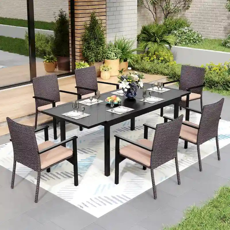 MAISON ARTS Ensemble de salle à manger de patio 7/9 pièces, Table à manger extérieure rectangulaire extensible avec chaises en rotin