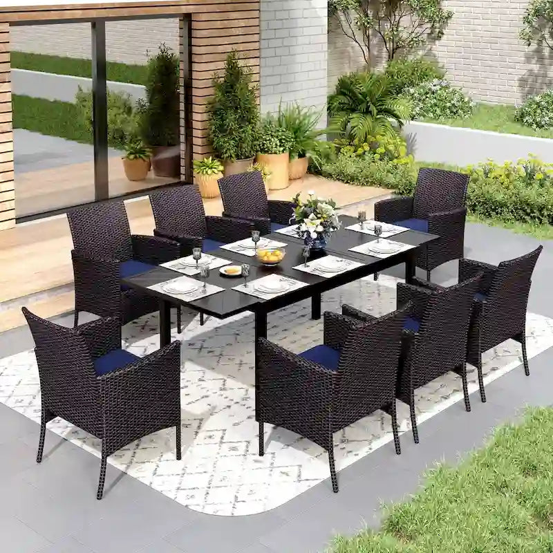 MAISON ARTS Ensemble de salle à manger de patio 7/9 pièces, Table à manger extérieure rectangulaire extensible avec chaises en rotin