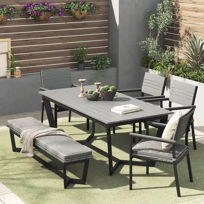 Ensemble de salle à manger d'extérieur Corvus Orville 6 pièces en aluminium avec plateau de table en composite bois-plastique (WPC)