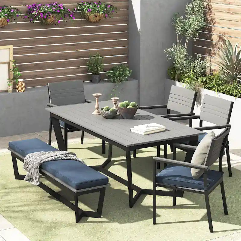 Ensemble de salle à manger d'extérieur Corvus Orville 6 pièces en aluminium avec plateau de table en composite bois-plastique (WPC)