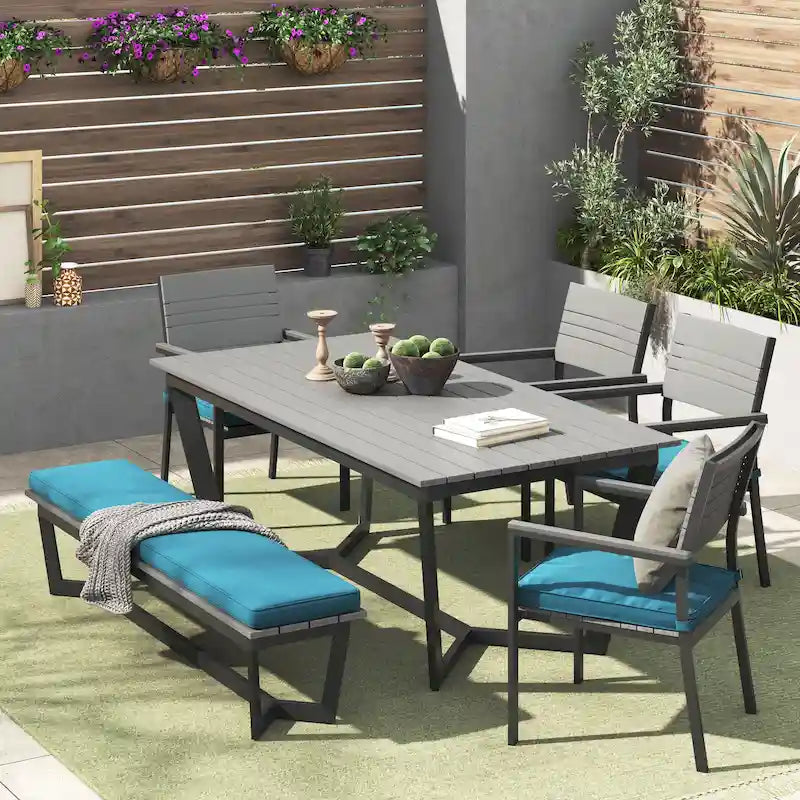 Ensemble de salle à manger d'extérieur Corvus Orville 6 pièces en aluminium avec plateau de table en composite bois-plastique (WPC)
