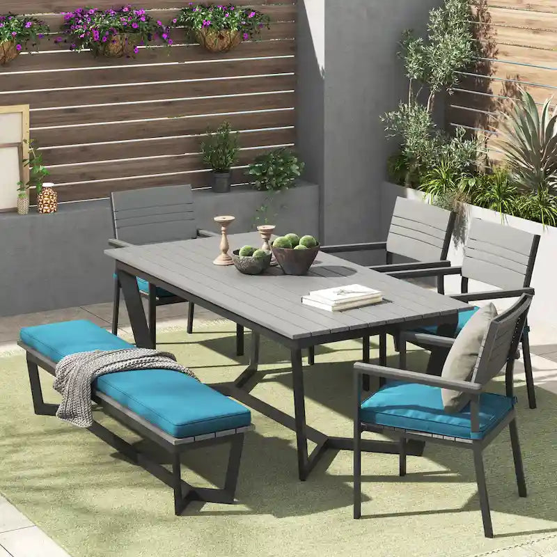 Corvus Orville Ensemble de salle à manger extérieur 6 pièces en aluminium avec plateau de table en composite bois-plastique (WPC)