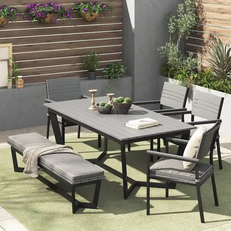 Corvus Orville Ensemble de salle à manger extérieur 6 pièces en aluminium avec plateau de table en composite bois-plastique (WPC)