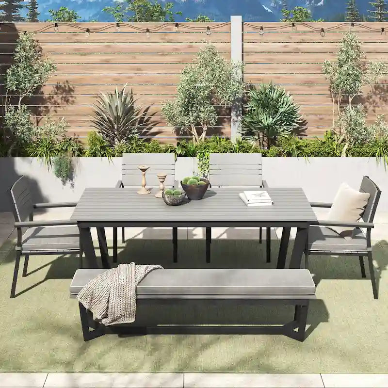 Corvus Orville Ensemble de salle à manger extérieur 6 pièces en aluminium avec plateau de table en composite bois-plastique (WPC)