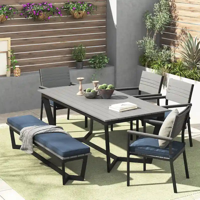 Corvus Orville Ensemble de salle à manger extérieur 6 pièces en aluminium avec plateau de table en composite bois-plastique (WPC)