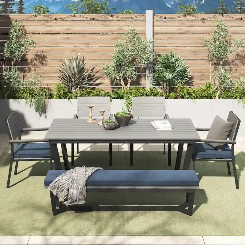 Corvus Orville Ensemble de salle à manger extérieur 6 pièces en aluminium avec plateau de table en composite bois-plastique (WPC)