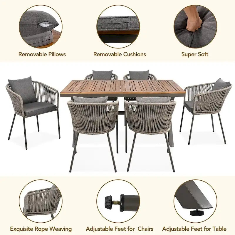 Ensemble de salle à manger de patio 7 pièces, mobilier d'extérieur toutes saisons avec table et chaises de salle à manger